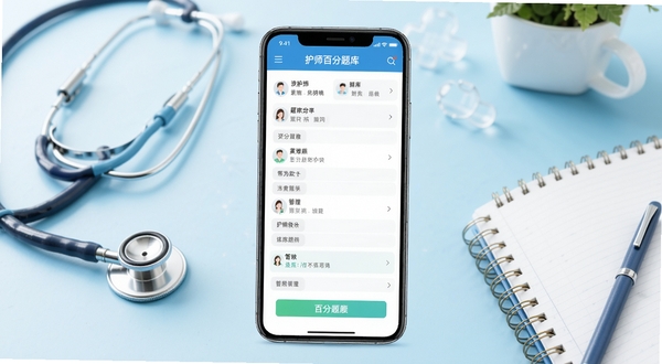 主管护师百分题库软件主界面展示,画面中央放置一部智能手机,屏幕显示题库分类与答题界面,背景为淡蓝色医疗风格,点缀听诊器与笔记本元素,构图简洁明亮