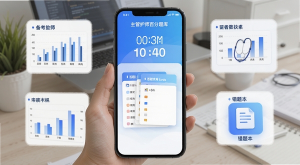 主管护师百分题库模拟考试功能界面,手机屏幕显示倒计时与答题卡,周围环绕数据图表和错题本图标,整体色调为蓝白渐变,突出备考氛围