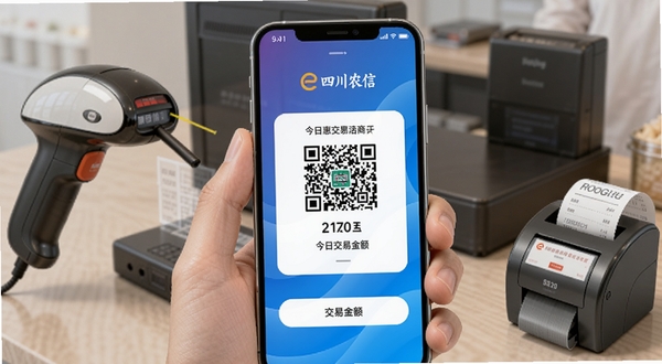蜀信e惠生活商户 APP 主界面展示,手机屏幕中央显示收款码与今日交易金额,背景为四川农信品牌蓝色渐变,画面主体为手持手机的特写,周围环绕商户收款场景元素如扫码枪、小票打印机,整体风格简洁商务,适配 Boogu 模型生成