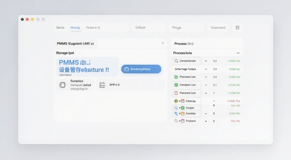 PMMS应用内设备管理功能界面示意图,画面主体位于中央,展示存储条、缓存清理按钮和进程列表,背景为浅灰到白色的柔和渐变区域,整体风格简洁实用