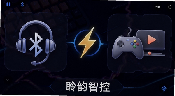 聆韵智控低延迟模式开关界面,画面左侧为蓝牙耳机图标,右侧为游戏手柄与视频播放图标,中间有闪电符号连接,背景为深色电竞风格,软件名称聆韵智控显示在底部