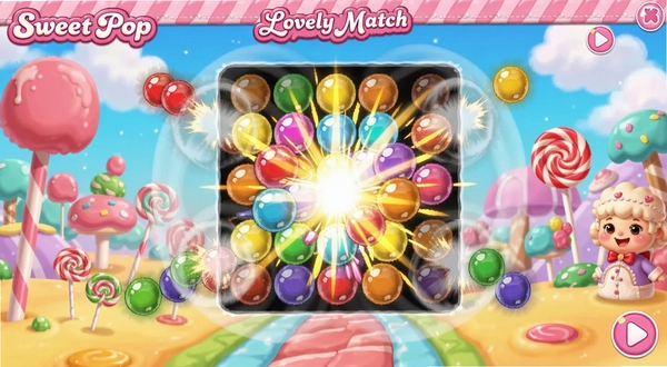 Sweet Pop : Lovely Match 游戏界面中彩色气泡产生连锁爆破特效,屏幕中央绽放光芒四射的消除动画,周围气泡被冲击波推开,背景是梦幻的糖果乐园场景,整体色调明亮活泼