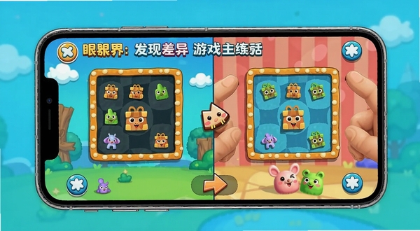 眼界:发现差异 游戏主界面 卡通风格 左右分屏对比 找茬场景 明亮色彩 手机屏幕展示 休闲游戏氛围