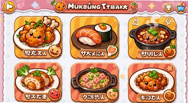 Mukbang Star: Cooking Dream 游戏内全球美食菜谱选择界面,展示韩式炸鸡、日式寿司、中式火锅等多国料理图标排列,每个菜品配有精致卡通插画和食材标注,界面风格活泼可爱,色彩丰富,适合作为游戏功能介绍配图