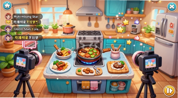 Mukbang Star: Cooking Dream 吃播明星烹饪梦游戏主界面全景展示,画面中央是正在烹饪的美食料理台,周围环绕着直播摄像头、粉丝弹幕和点赞特效,背景是温馨明亮的现代厨房场景,色彩鲜艳饱满,卡通Q版风格,细节丰富,适合移动端游戏宣传图