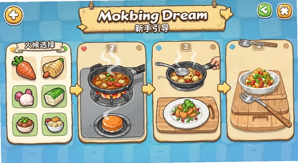 Mukbang Star: Cooking Dream 新手引导界面截图,展示游戏操作教学步骤,包括食材选择、火候控制、装盘展示等环节,卡通风格界面清晰直观,适合作为新手教程配图