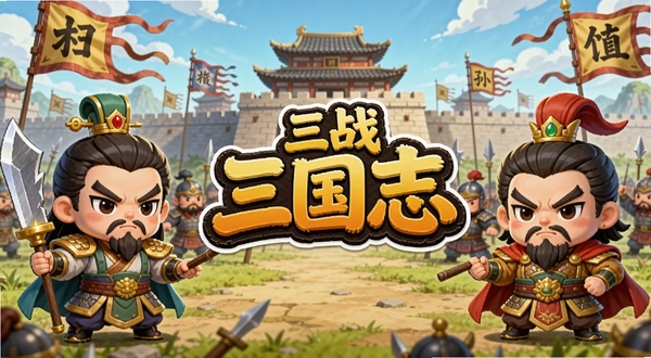 Q版卡通风格的三国战场全景,画面中央是萌战三国志的LOGO,左右两侧分别站着Q版刘备、曹操、孙权三位萌将,背景是古代城池和飘扬的旗帜,色彩明亮鲜艳,适合作为游戏宣传主视觉图