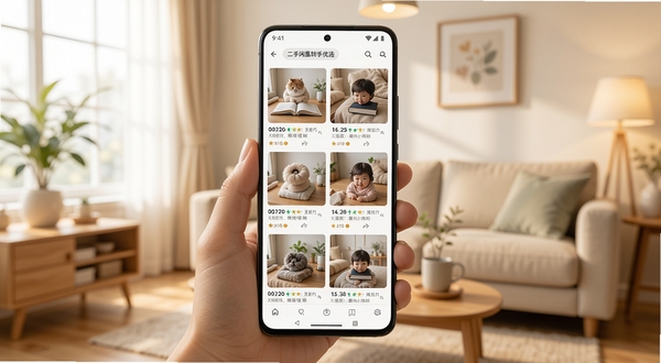 二手闲置转手优选应用界面全景展示,画面主体为一部居中放置的安卓手机,屏幕显示二手商品列表瀑布流,背景为明亮简洁的居家客厅环境,暖色调光线,突出闲置交易氛围,适配Boogu模型生成
