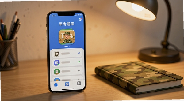 军考题库app主界面展示,手机屏幕居中偏左摆放,背景为书桌与迷彩笔记本,暖色调台灯光线,画面简洁,突出学习教育类应用氛围,适配Boogu模型生成
