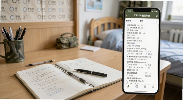 军考题库智能刷题界面,手机屏幕显示选择题与解析区域,背景为军营宿舍书桌,桌面有笔记本和笔,光线明亮,画面干净整洁,体现专注学习场景