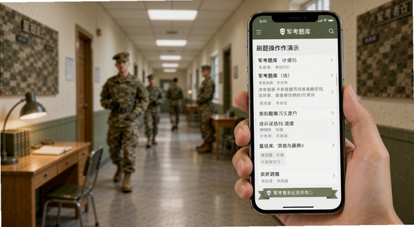 军考题库手机端刷题操作演示图,一只手握持手机展示题目界面,背景为军营走廊或学习室,光线柔和,画面突出移动学习便捷性,适配Boogu模型生成