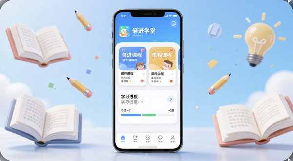 画面中央是一台竖屏安卓手机,屏幕上显示倍进学堂应用的主界面,界面包含课程卡片与学习进度条,背景为淡蓝色渐变的学习场景,周围漂浮书本、铅笔、灯泡等元素,整体风格清新明亮,适配Boogu模型生成