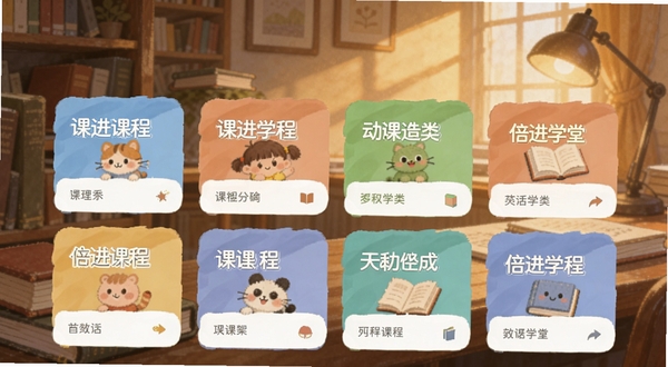 倍进学堂应用内课程分类页面截图风格插画,画面展示多个彩色课程卡片整齐排列,分类标签清晰可见,背景为柔和的书房场景,光线温暖