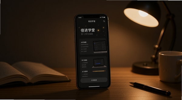 倍进学堂深色模式下的学习界面展示,手机屏幕显示深色背景与浅色文字,画面安静舒适,适合夜间学习场景,背景为昏暗的书桌一角,台灯发出暖光