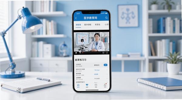 医学教育网移动端学习界面展示,画面中央是一部智能手机,屏幕上呈现医学课程视频播放与题库练习界面,背景为简洁明亮的书房环境,整体色调以蓝白为主,突出专业医疗教育氛围