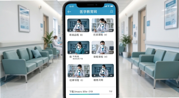 医学教育网课程离线下载功能界面,手机屏幕显示多个医学课程视频缩略图与下载进度条,背景为医院走廊休息区,画面风格干净整洁,体现移动学习的便捷性