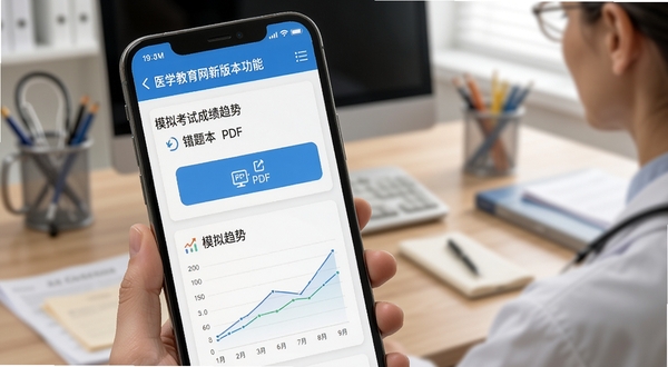 医学教育网最新版本功能界面截图,手机屏幕显示错题本导出PDF按钮与模拟考试成绩趋势图,背景为医生办公室桌面,光线柔和,体现版本更新后的实用功能