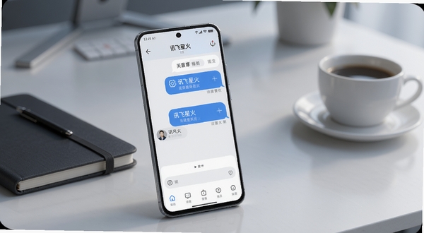 画面中央偏左位置一部安卓手机屏幕亮起显示讯飞星火对话界面蓝白色调背景为简洁办公桌面有笔记本和咖啡杯整体风格清爽科技感适配Boogu模型生成