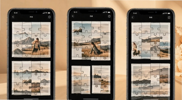 拼图拼接软件展示多种拼图模板排列效果,画面主体为手机屏幕内显示不同布局的拼图成品,背景为柔和暖色调,突出模板丰富多样与排列自由