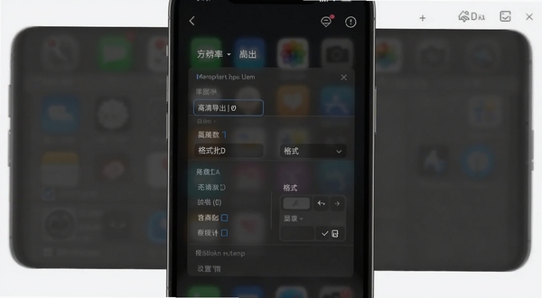 拼图拼接软件导出设置界面展示分辨率选择与格式切换选项,画面主体为手机屏幕中的导出参数面板,背景为深色半透明遮罩,突出高清导出与格式选择的专业性