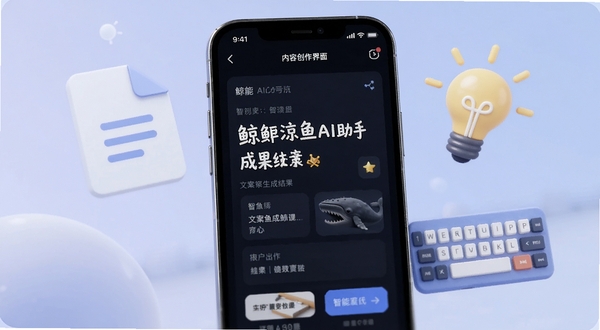 鲸鱼AI助手内容创作界面,画面展示手机屏幕中显示文案生成结果,屏幕旁边漂浮着文档图标、灯泡创意符号和键盘元素,背景为柔和的蓝紫色调,突出智能写作主题