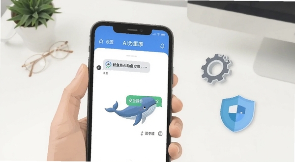 鲸鱼AI助手移动端操作示意图,画面展示一只手拿着手机,屏幕上显示鲸鱼AI助手的对话界面,背景为简洁的桌面环境,旁边有齿轮和盾牌图标象征设置与安全,风格扁平化