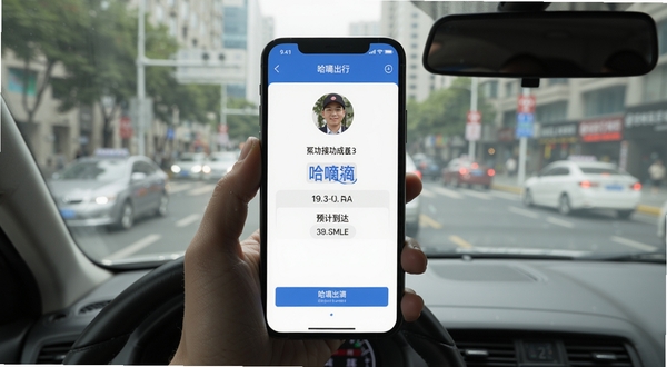 哈嘀出行 司机接单成功页面 手机屏幕显示司机头像车牌号与预计到达时间 背景为城市街道实景模糊处理 突出手机界面 真实使用场景图