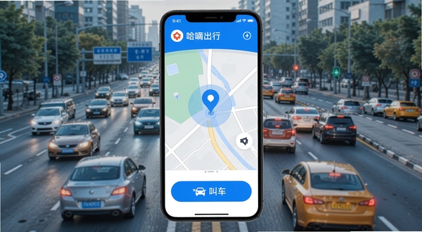 哈嘀出行 官方APP主界面 手机屏幕中央展示地图定位与叫车按钮 背景为城市道路与车流 明亮蓝色调 扁平化UI风格 高清渲染 出行软件宣传图