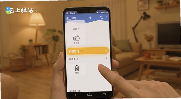 云上驿站使用教程示意图,画面展示一部安卓手机屏幕,屏幕内显示云上驿站的设置菜单,高亮标注“权限管理”和“电池优化”选项,一只手正在点击屏幕,背景为模糊的室内环境,整体色调温暖,适配Boogu模型生成