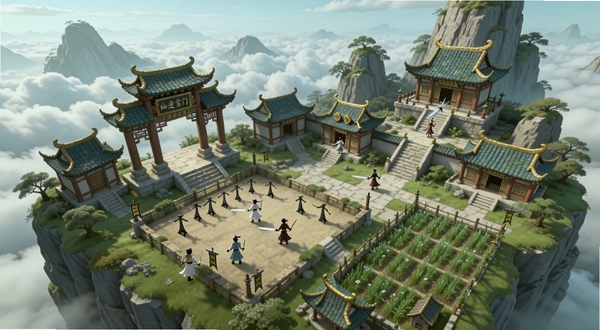 仙途放置宗门场景全景,画面展示一座建在悬崖边的中式宗门建筑群,有牌坊、演武场、炼丹房和灵田,几位修仙者御剑飞行于建筑之间,背景是云海与远山,整体色调为青绿与淡金,适配Boogu模型生成