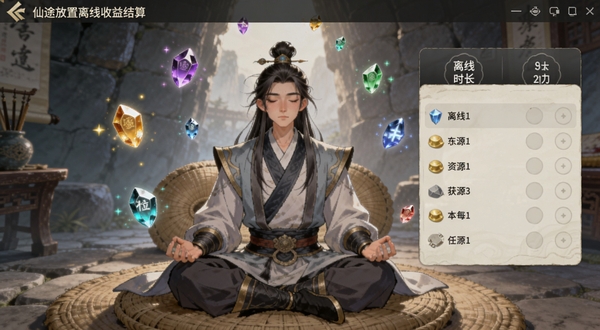 仙途放置离线收益结算界面,画面中一位修仙者从打坐状态缓缓睁眼,周围漂浮着灵石与修为光点,背景是洞府内部的石壁与蒲团,界面弹窗显示离线时长与获得资源列表,风格为柔和国风插画,适配Boogu模型生成