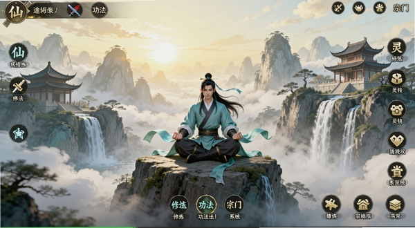 仙途放置游戏主界面全景,画面中央为一位身着青衫的修仙者盘膝坐在云雾缭绕的山巅,背景远处有层叠的仙山楼阁与飞瀑流泉,天空呈现淡金色晨曦,界面四周分布着修炼、功法、灵宠、宗门等系统入口图标,整体风格为清新水墨国风,适配Boogu模型生成