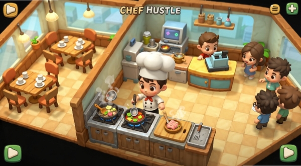 Chef Hustle游戏主界面全景展示,画面中央为卡通风格的餐厅厨房场景,一位戴着白色厨师帽的主角正在灶台前忙碌烹饪,背景区域分布着用餐区、收银台和等待的顾客,整体色调温暖明亮,采用休闲手游常见的Q版美术风格,细节丰富,构图饱满,适配Boogu模型生成