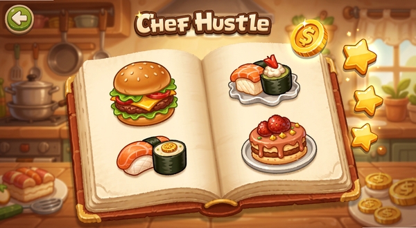 Chef Hustle菜品研发界面截图风格生图,画面展示一本翻开的卡通食谱书,书页上绘制着汉堡、寿司、蛋糕等美食图案,旁边有金币和星星图标悬浮,背景为温馨的厨房色调,突出美食与经营主题,细节精致,适合作为游戏特色配图