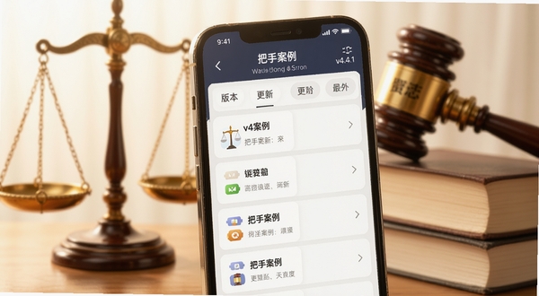 生成一张AI图片,展示“把手案例”应用更新日志界面,画面为手机屏幕特写,屏幕显示版本更新列表,背景为柔和的法律天平与书籍元素,色调温暖明亮,包含“把手案例”和“v4.4.1”字样