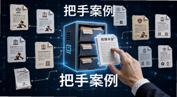 生成一张AI图片,主题为“把手案例”海量数据库概念图,画面中央是一个发光的数字档案库,周围漂浮着各类法律文书图标,一只手从手机屏幕中伸出抓取案例文件,背景为深色科技网格,突出数据丰富与检索便捷,包含“把手案例”字样