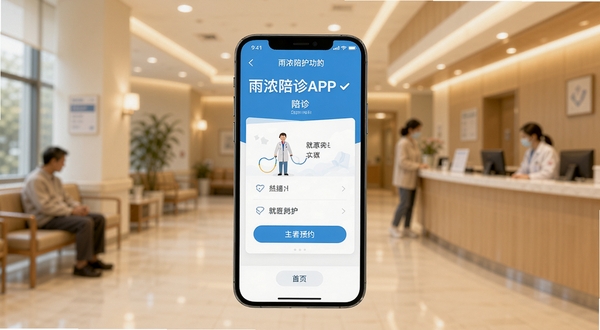 雨浓陪诊APP首页界面展示,画面主体为手机屏幕中呈现的陪诊预约功能面板,背景区域是温馨的医院大厅环境,柔和灯光,简洁现代的UI设计风格,突出就医陪护主题