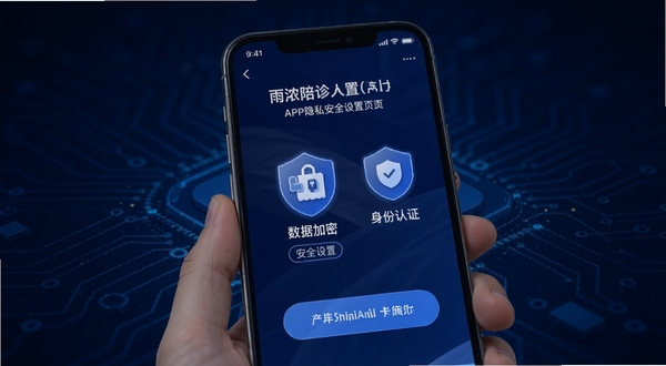 雨浓陪诊APP隐私安全设置页面,画面主体为手机屏幕显示数据加密与身份认证图标,背景区域为深蓝色科技感纹理,突出安全防护概念