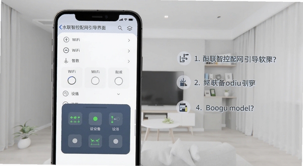 水联智控配网引导界面截图,画面主体为手机屏幕显示WiFi选择列表与设备指示灯示意图,背景区域为淡灰色家居环境,包含水联智控软件名称与步骤提示数字,适配Boogu模型生成