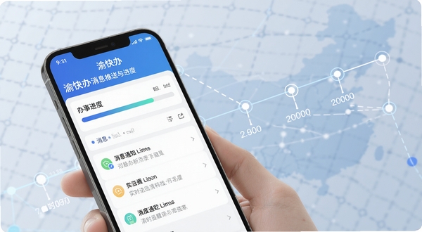 渝快办消息推送与进度追踪界面,手机屏幕显示办事进度条和消息通知列表,背景为时间轴与节点连接的抽象图案,突出实时追踪和及时提醒的功能特点
