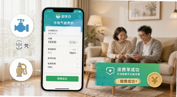 渝快办生活缴费功能场景图,手机屏幕展示水电气缴费页面,旁边有水电燃气图标和缴费成功提示,背景为温馨的家庭生活场景虚化处理,突出便民缴费的便捷性