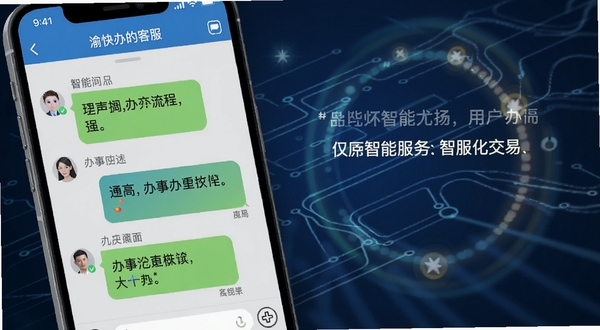 渝快办智能客服交互界面,画面展示手机聊天窗口中的智能问答对话,用户提问办事流程,客服给出清晰指引,背景为科技感线条与圆形光点装饰,体现智能化服务体验
