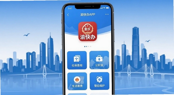 渝快办APP主界面全貌展示,画面中央为渝快办应用图标与首页功能模块布局,背景为重庆城市天际线剪影,整体色调以蓝色和白色为主,突出政务服务的权威感与便民属性,手机屏幕中清晰展示社保查询、公积金、生活缴费等核心功能入口