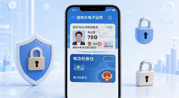 渝快办电子证照功能展示,画面中手机屏幕显示电子身份证和电子社保卡界面,周围有盾牌和锁的安全元素点缀,背景为柔和的蓝白色调,体现安全便捷的证照管理体验