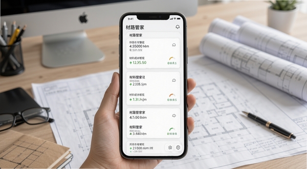 材路管家多项目切换管理界面,手机屏幕展示多个项目卡片并列,每个卡片显示项目名称和材料成本概览,背景为办公桌面与图纸,风格简约商务