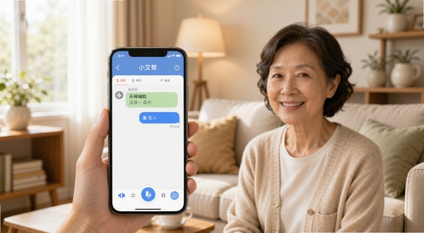 小艾帮帮应用主界面全貌展示,画面中心为手机屏幕内呈现的语音助手对话界面,背景区域为温暖的居家客厅环境,柔和自然光线,整体风格简洁明快,突出无障碍辅助主题