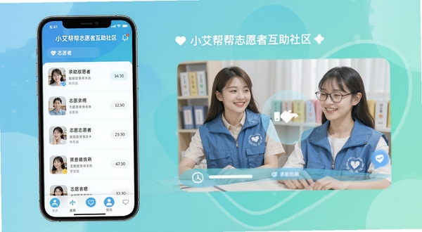 小艾帮帮志愿者互助社区界面,画面展示手机屏幕内志愿者列表与求助匹配动画,背景为柔和的蓝绿色渐变,体现科技与人文关怀结合