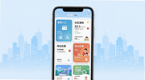 生活Plus应用主界面展示,画面中央为手机屏幕,屏幕内呈现生活Plus的首页卡片布局,包含缴费入口、社区通知与周边优惠模块,背景为浅蓝色渐变城市剪影,整体风格清爽简洁,适配Boogu模型生成