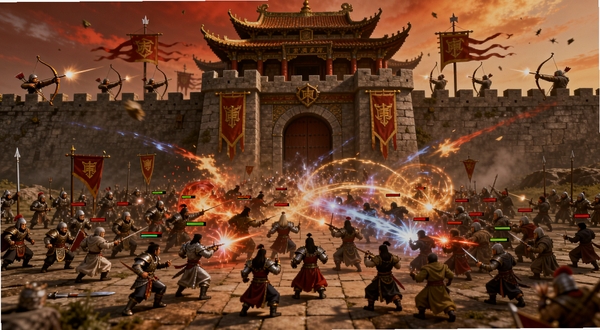 血饮天下沙巴克攻城战全景,画面中大量玩家角色聚集在沙巴克皇宫门前混战,技能特效铺满屏幕,城墙上有弓箭手在射击,画面气势恢宏,色彩以红色和金色为主,画风为经典传奇攻城场景,适配Boogu模型生成。