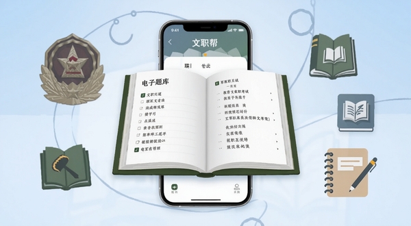 文职帮手机APP主界面展示,屏幕中央是一本翻开的电子题库,周围环绕军队文职考试相关元素如军徽剪影、书本、笔记图标,背景区域为浅蓝色渐变,画面主体位于中央偏上位置,整体风格简洁专业,适配教育学习类APP宣传图